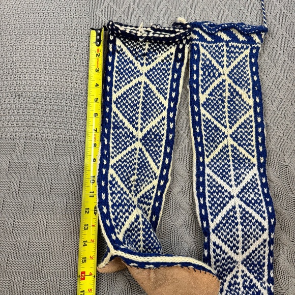 Vintage Blue and Cream Wool & Leather Hand Knit Slipper Socks ~ Small - Picture 10 of 11